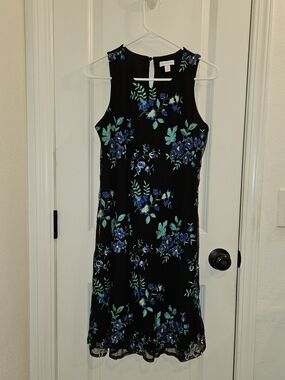 Charter Club Dress Embroidered Floral Mesh Overlay Dress Black M